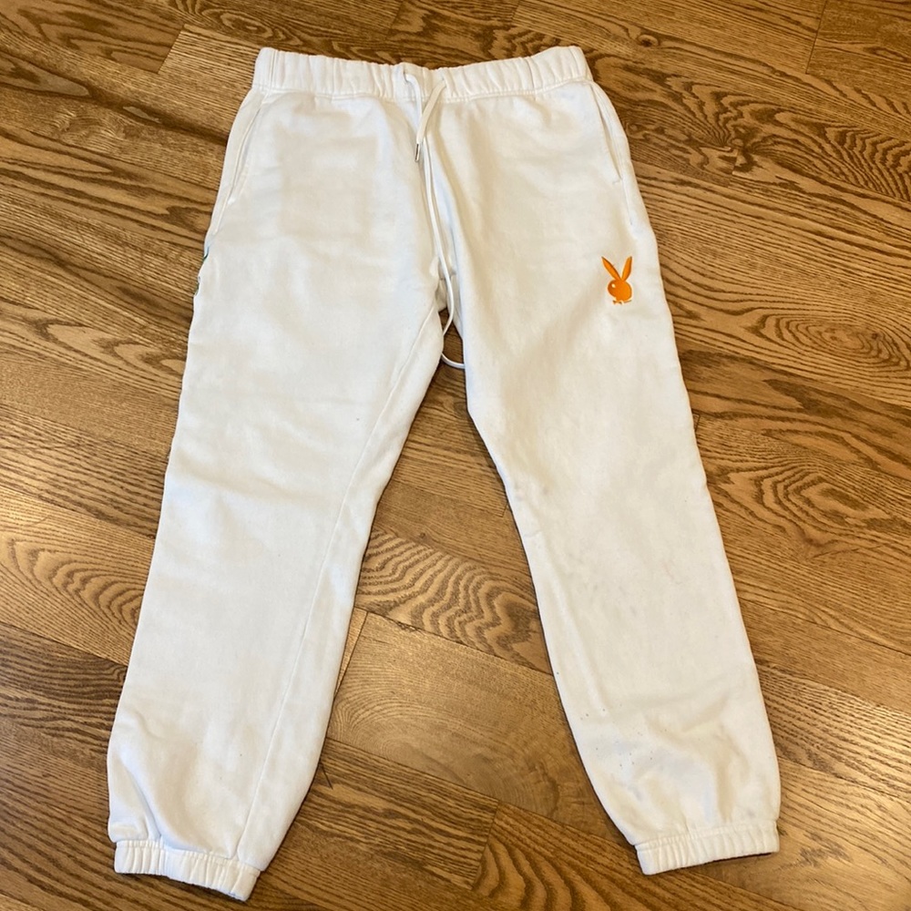 Womens Pacsun Playboy collaboration sweatpants joggers white embroidered